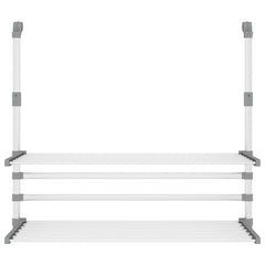 White aluminum retractable balcony drying rack with multiple adjustable shelves.