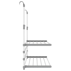 Gray aluminum retractable balcony drying rack with two foldable shelves and adjustable height.