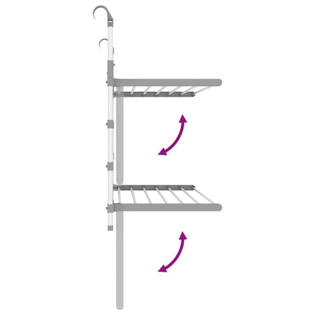 Aluminum retractable balcony drying rack with adjustable height from 23.6 to 37.4 inches and foldable shelves.
