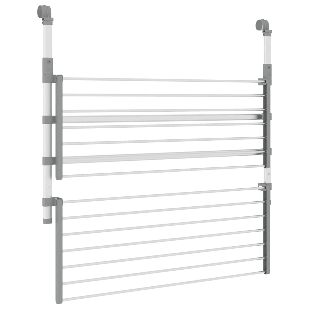 Silver aluminum retractable balcony drying rack with multiple horizontal bars and extendable vertical supports.