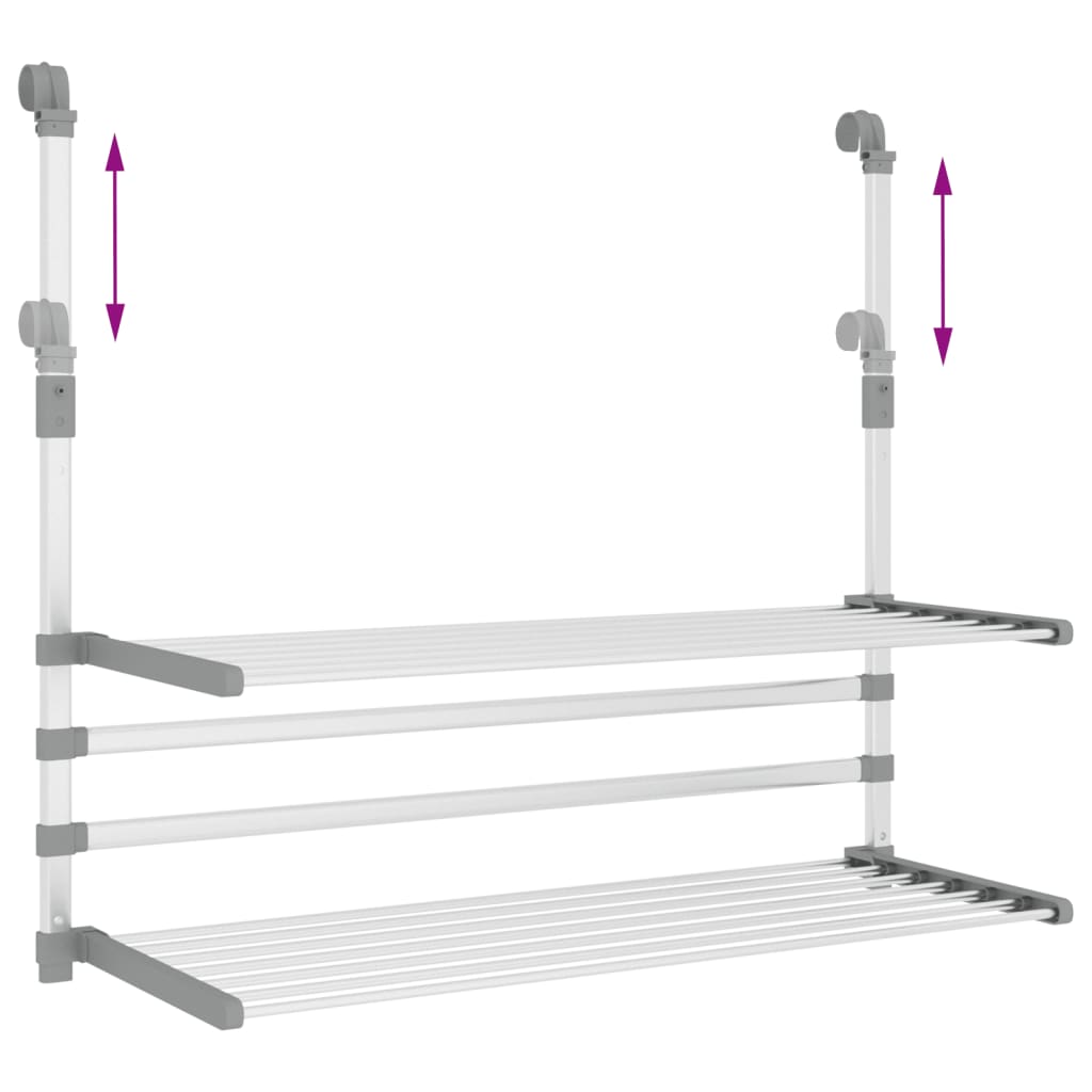 Aluminum retractable balcony drying rack with two foldable tiers and adjustable height bars
