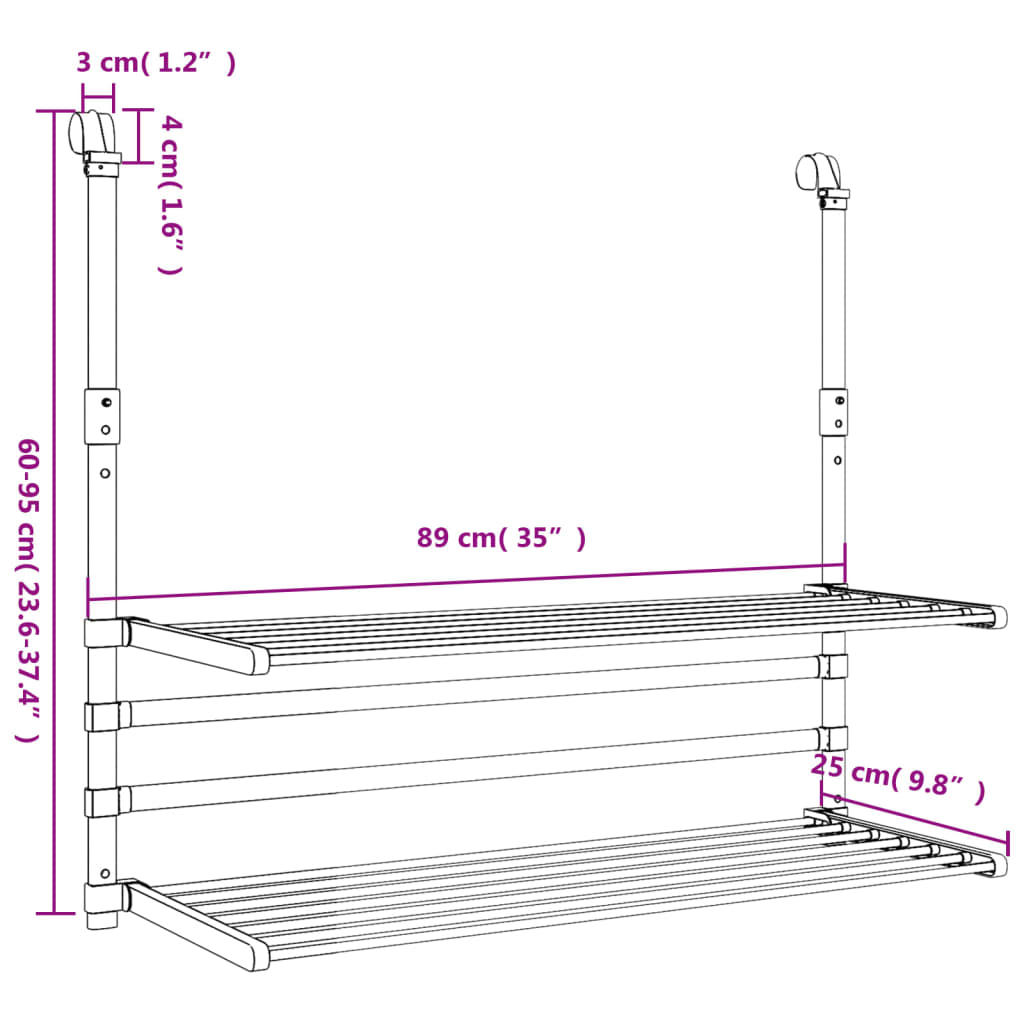 Diagram of Bostome aluminum retractable balcony drying rack with dimensions 35x9.8x(23.6-37.4in), showing two-tier grid shelves and extendable poles.