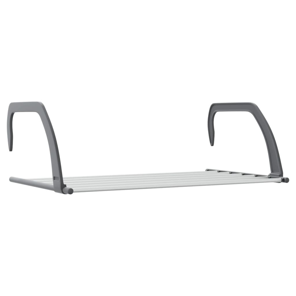 Silver aluminum drying rack with foldable arms and hooks, 20.9x13x7.1 inches.