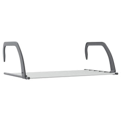 Silver aluminum drying rack with foldable arms and hooks, 20.9x13x7.1 inches.