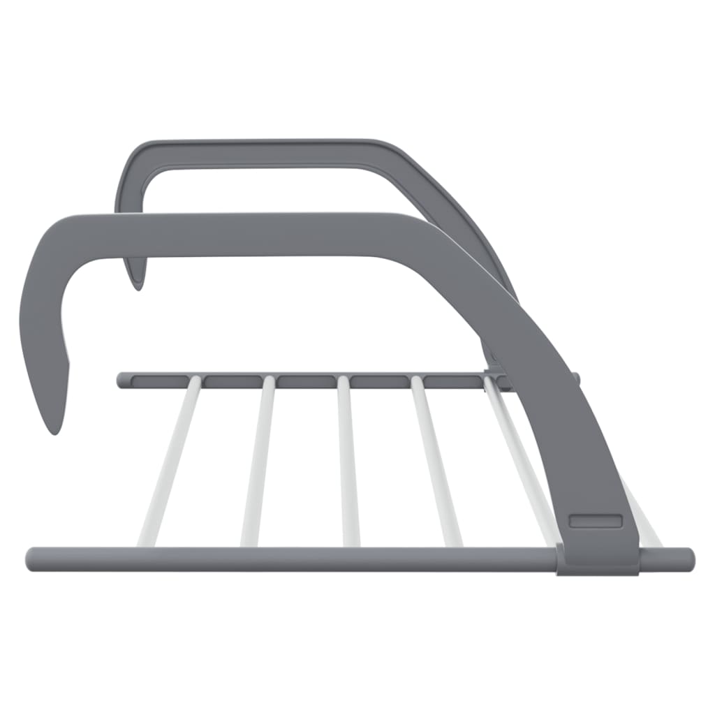 Silver aluminum drying rack with foldable arms and hooks, 20.9x13x7.1 inches.