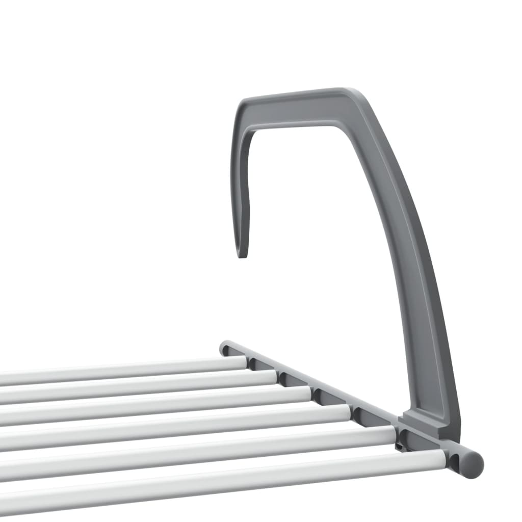 Two silver aluminum drying racks with foldable arms and multiple rods for hanging clothes.