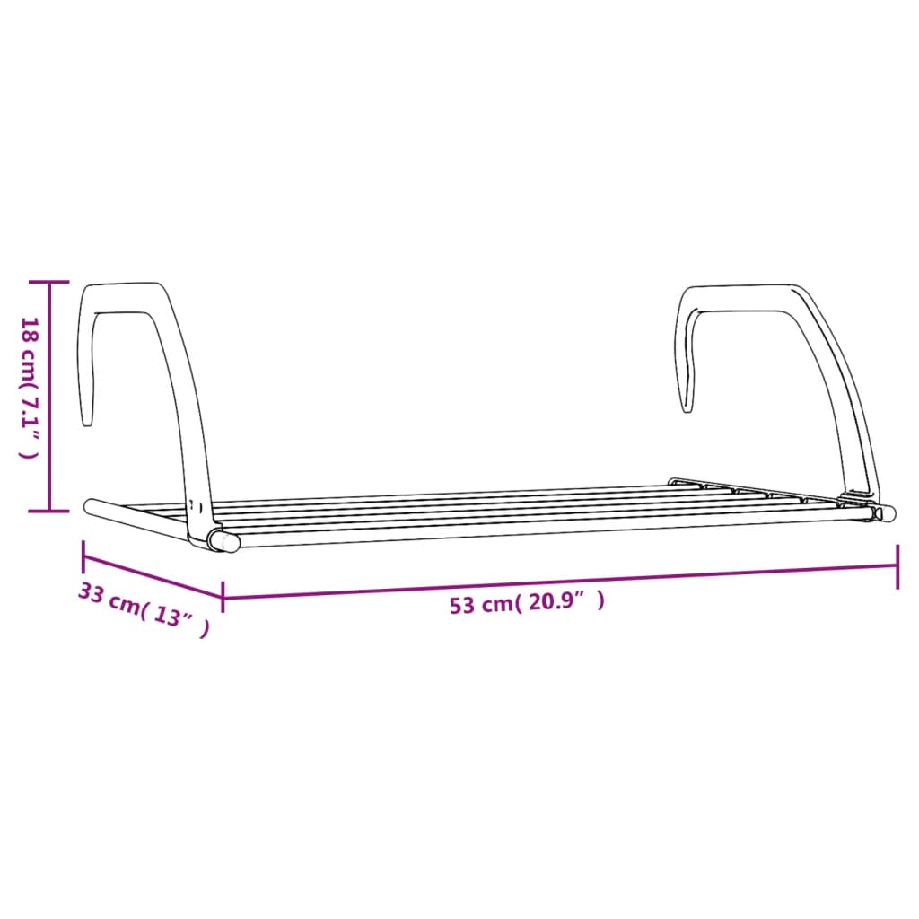 Silver aluminum drying rack with hooks and dimensions 20.9 by 13 inches.