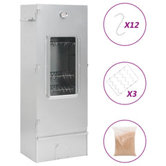 Galvanized steel BBQ smoker with glass door, thermometer, hooks, racks, and wood chips included.