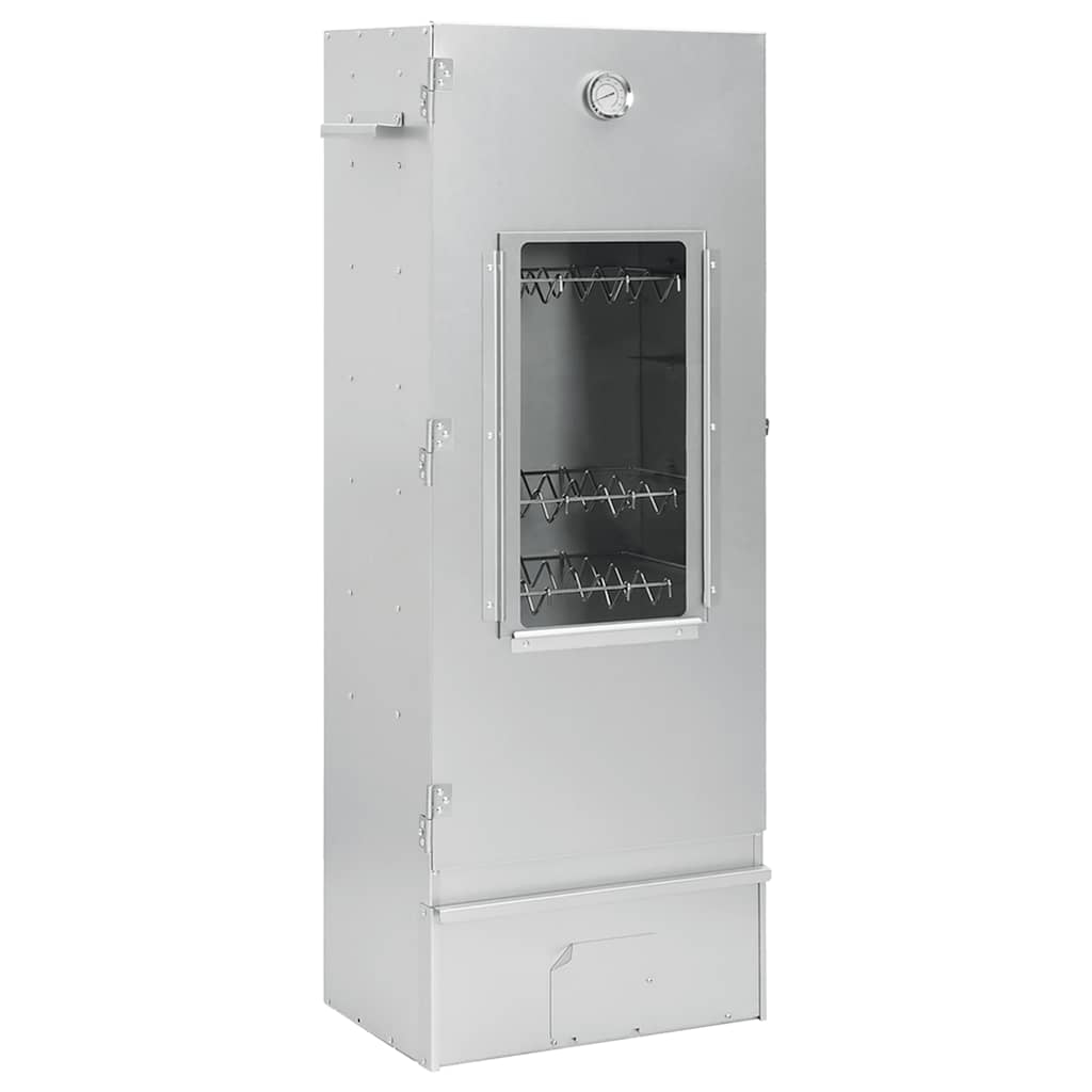 Vertical galvanized steel BBQ smoker oven with glass door, thermometer, and internal racks, measuring 17.5x11.4x43.3 inches.