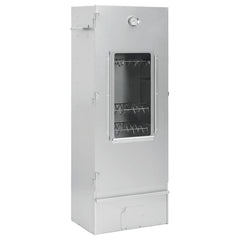 Vertical galvanized steel BBQ smoker oven with glass door, thermometer, and internal racks, measuring 17.5x11.4x43.3 inches.