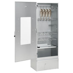 Open galvanized steel BBQ smoker oven with wood chip drawer, hooks, and glass door window.