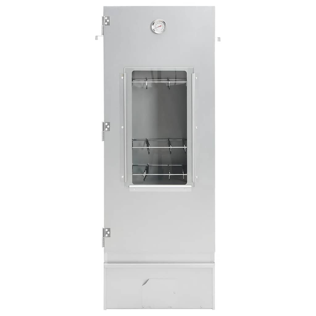 Tall galvanized steel BBQ smoker with glass window, thermometer, hooks, and racks for outdoor use.