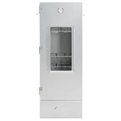 Tall galvanized steel BBQ smoker with glass window, thermometer, hooks, and racks for outdoor use.
