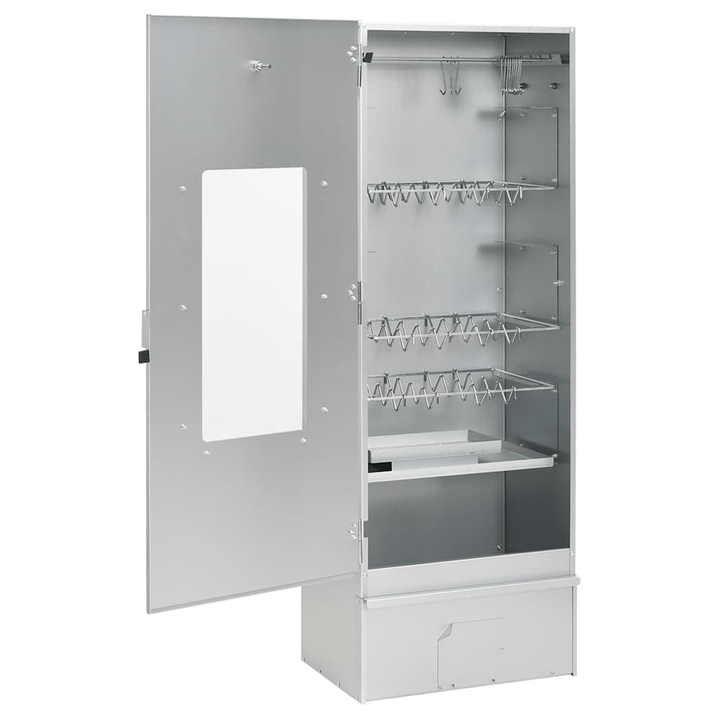 Open galvanized steel BBQ smoker oven with door ajar, revealing hooks, grids, and drawer.