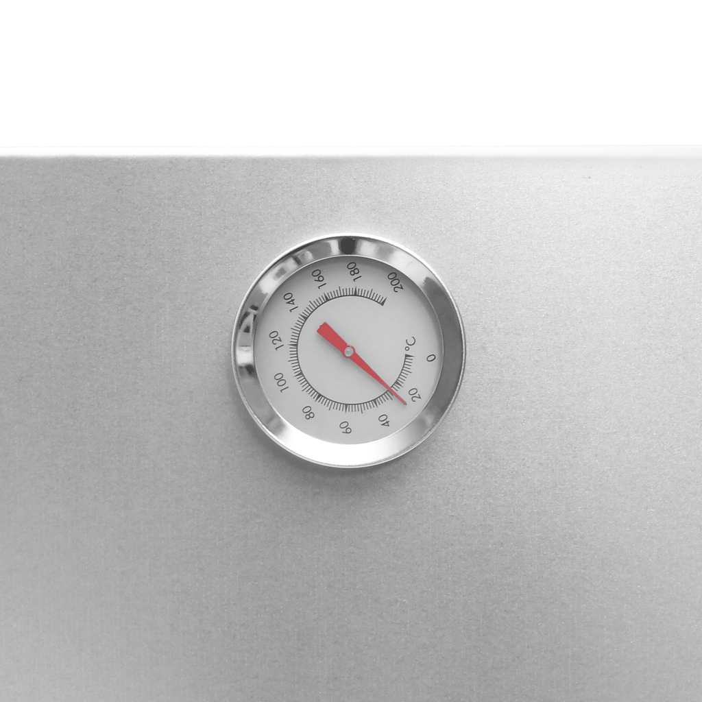 Galvanized steel BBQ smoker with built-in thermometer and glass window for outdoor cooking.