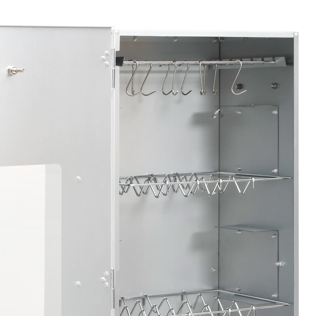 Open galvanized steel BBQ smoker oven with hooks, shelves, and wood chip tray.