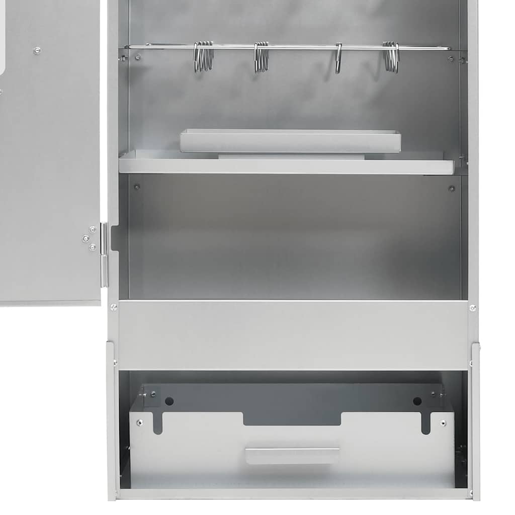 Open galvanized steel BBQ smoker cabinet with hooks, shelf, and drawer, 17.5x11.4x43.3in.
