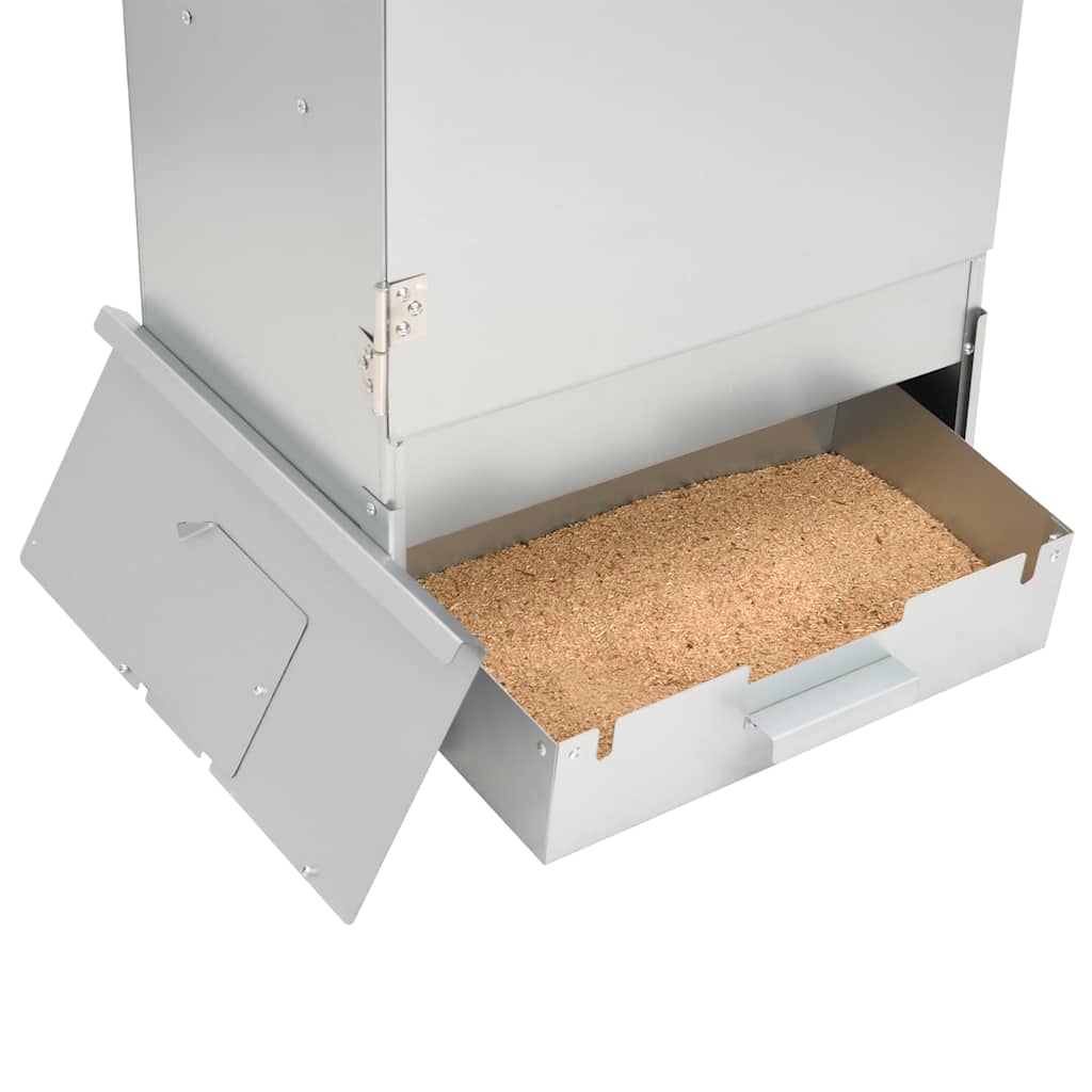 Galvanized steel BBQ smoker with open ash box drawer filled with wood chips.