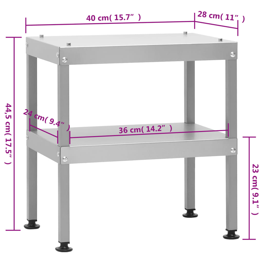 Galvanized steel oven smoker table with two shelves and adjustable legs, 15.7x11x17.5 inches.