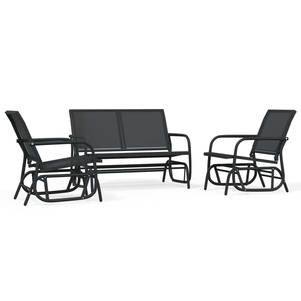 3 Piece Garden Glider Lounge Set Black Textilene and Steel