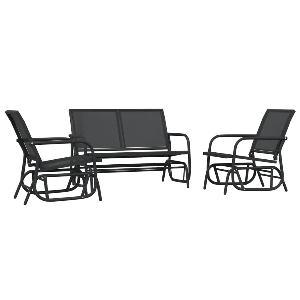 3 Piece Garden Glider Lounge Set Black Textilene and Steel