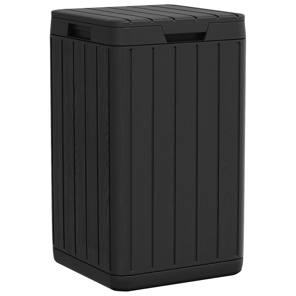 Anthracite outdoor garbage bin with wood-grain texture and 21.1-gallon capacity.