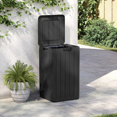 Anthracite outdoor garbage bin with open lid, 21.1 gal capacity, on patio with plants.