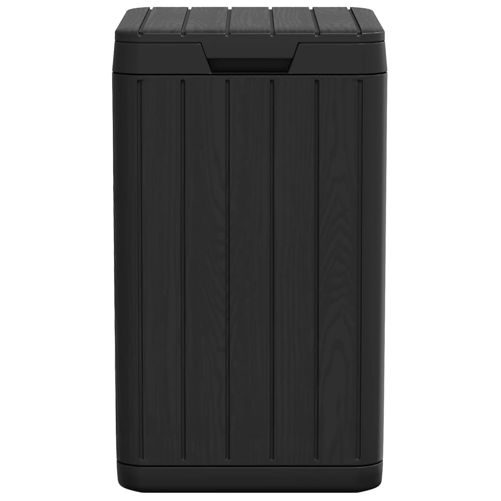 Anthracite outdoor garbage bin with wood-grain texture and 21.1 gal capacity.