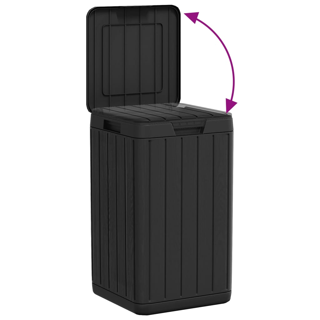 Black outdoor garbage bin with a wood-grain texture and a hinged lid.