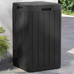 Anthracite outdoor garbage bin with wood-grain texture and lidded top, 21.1 gal capacity.