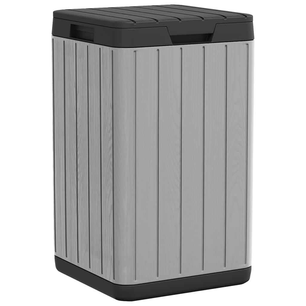 Gray outdoor garbage bin with wood-textured PP design and 21.1-gallon capacity.