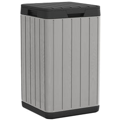 Gray outdoor garbage bin with wood-textured PP design and 21.1-gallon capacity.