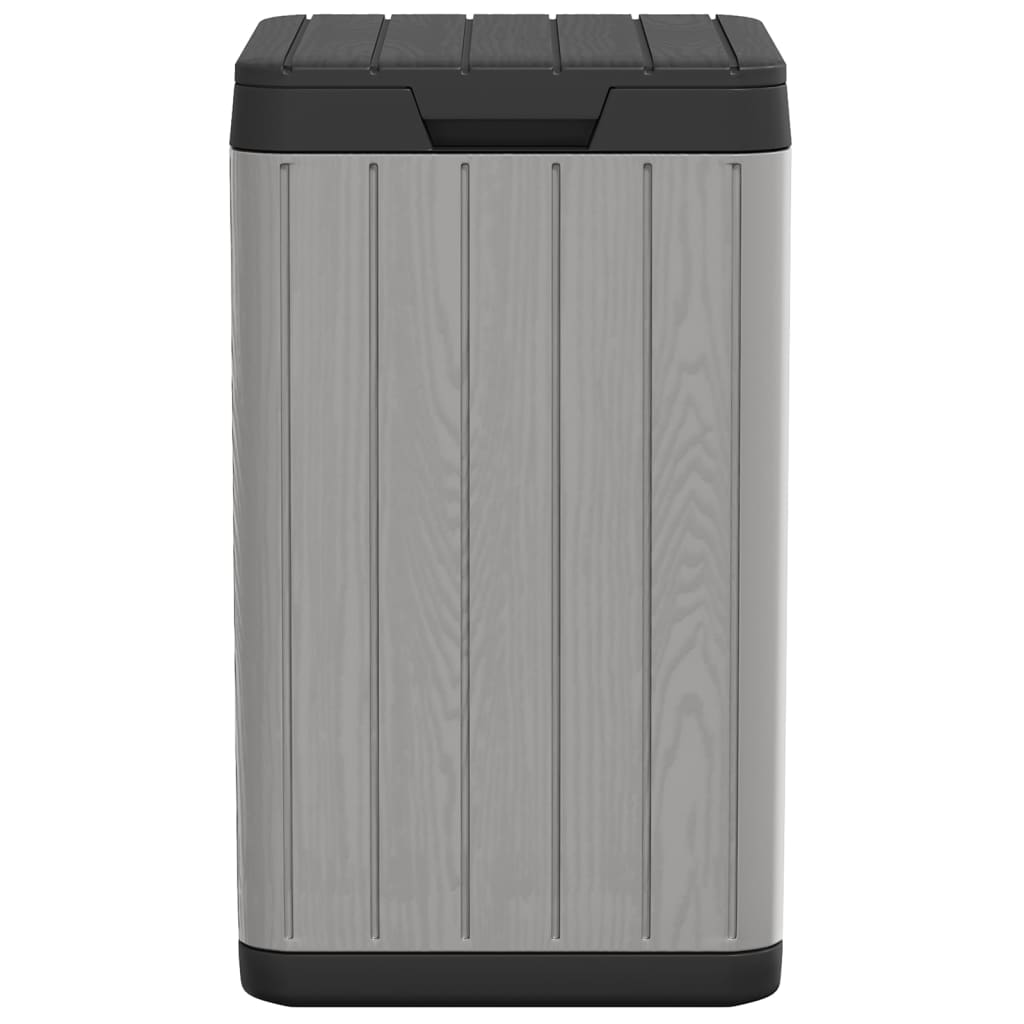 Gray PP outdoor garbage bin with wood texture and snap-tight lid, 21.1 gal capacity.