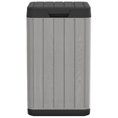 Gray PP outdoor garbage bin with wood texture and snap-tight lid, 21.1 gal capacity.