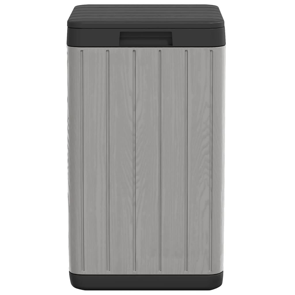 Gray PP outdoor garbage bin with wood texture and black lid, 21.1 gal capacity.