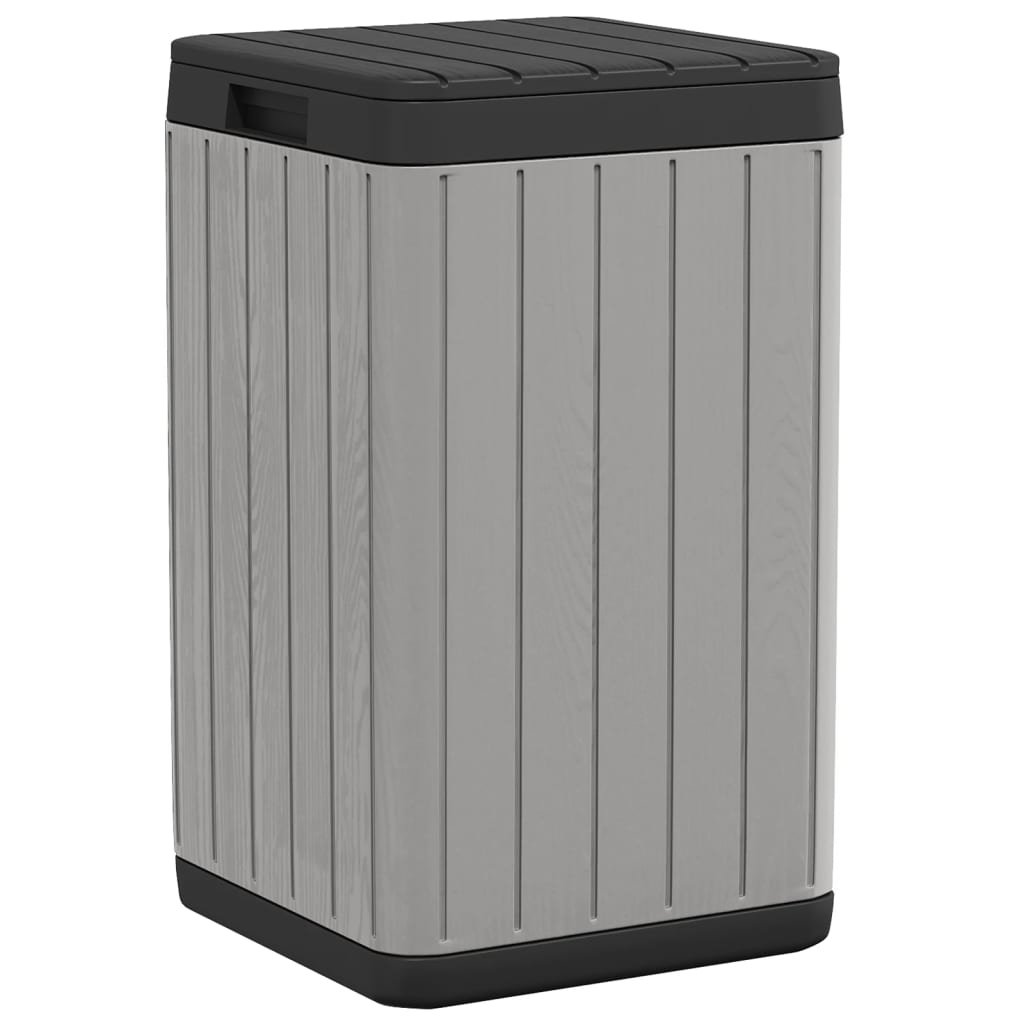 Gray plastic outdoor garbage bin with wood-like texture and snap-tight lid, 21.1-gallon capacity.