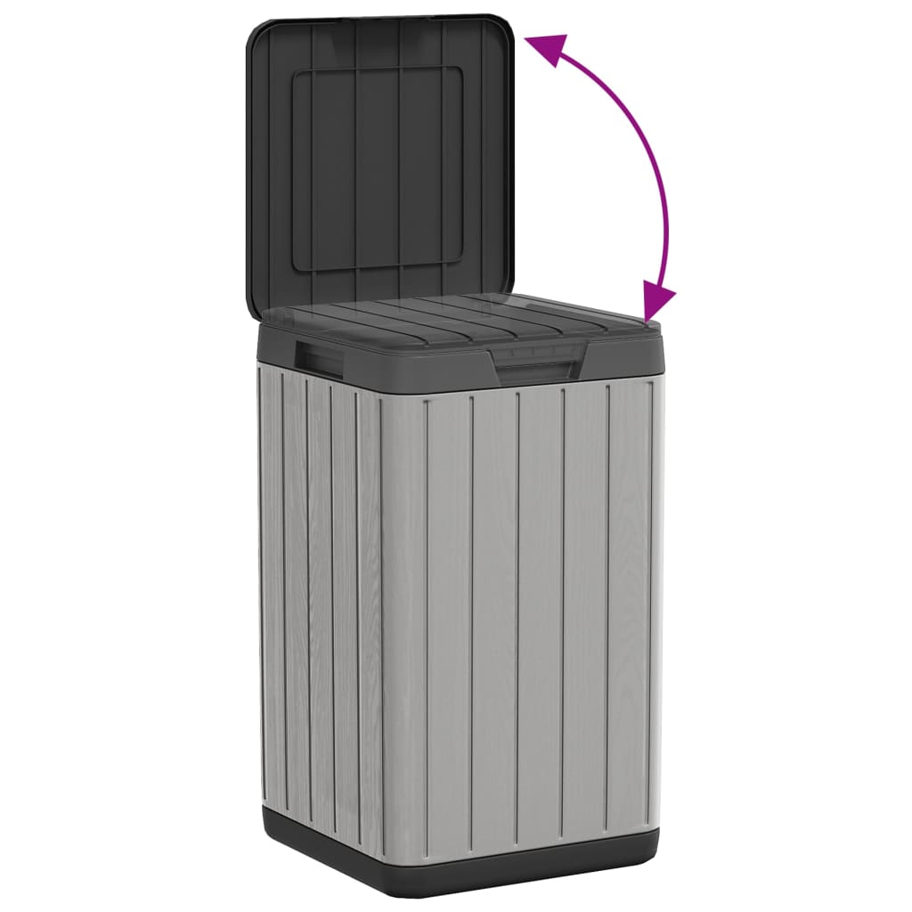 Gray 21.1-gallon outdoor garbage bin with open lid and wood-textured PP finish.