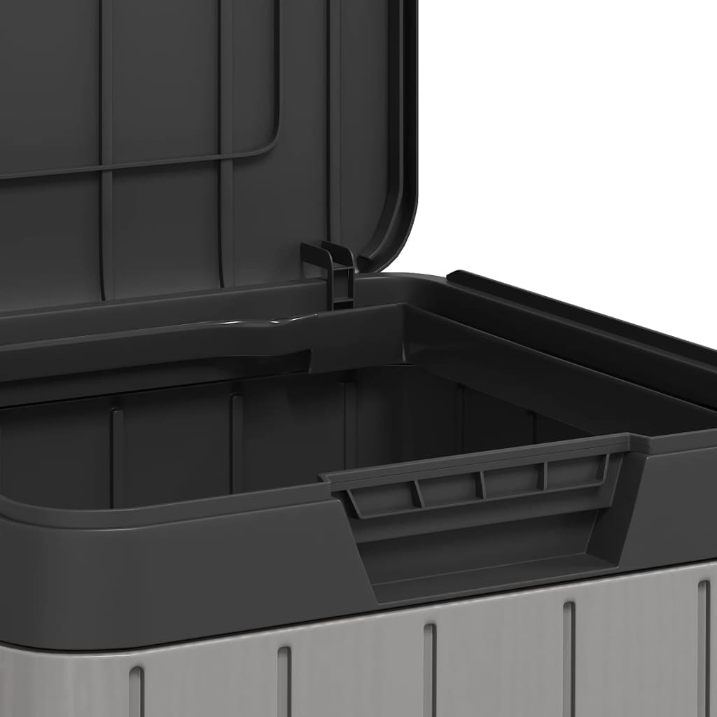 Gray PP outdoor garbage bin with open lid, 21.1 gal capacity.