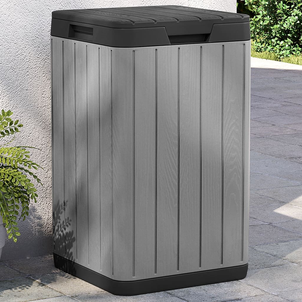 Gray plastic outdoor garbage bin with wood-grain texture and snap-tight lid, 21.1-gallon capacity.
