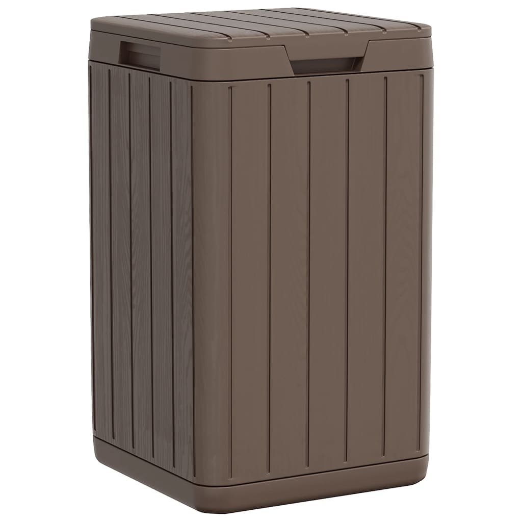 Brown polypropylene outdoor garbage bin with wood-like slats and secure lid, 21.1 gallons.
