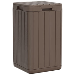 Brown polypropylene outdoor garbage bin with wood-like slats and secure lid, 21.1 gallons.
