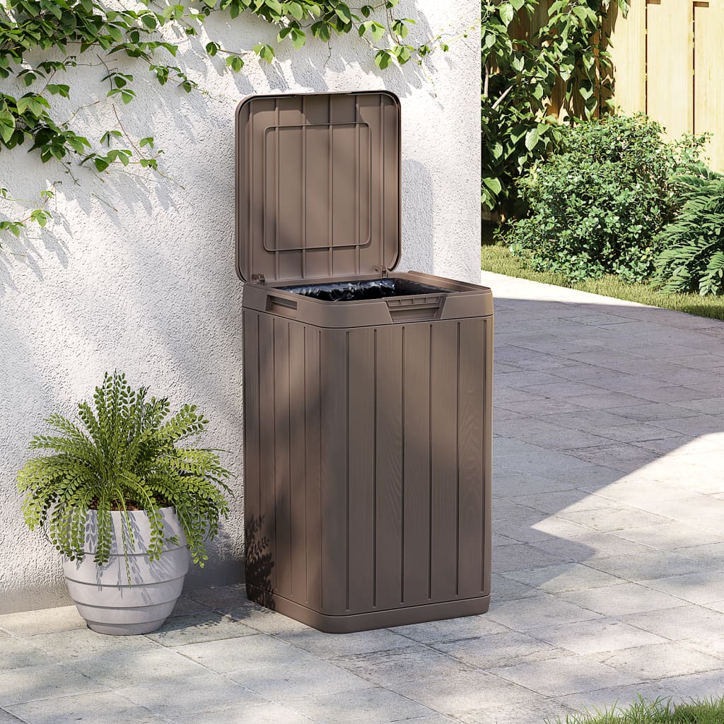 Brown 21.1-gallon outdoor garbage bin with open lid, made of wood-textured PP, on a patio.