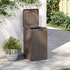 Brown 21.1-gallon outdoor garbage bin with open lid, made of wood-textured PP, on a patio.