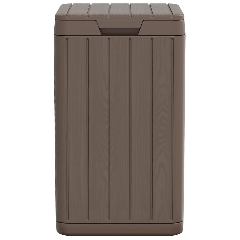 Brown 21.1-gallon outdoor garbage bin made of polypropylene with wood-grain finish.