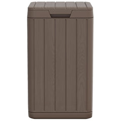 Brown 21.1-gallon outdoor garbage bin made of polypropylene with wood-grain finish.