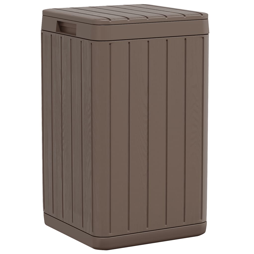 Brown Bostome outdoor garbage bin, 21.1 gal PP with wood-like slats and lid.