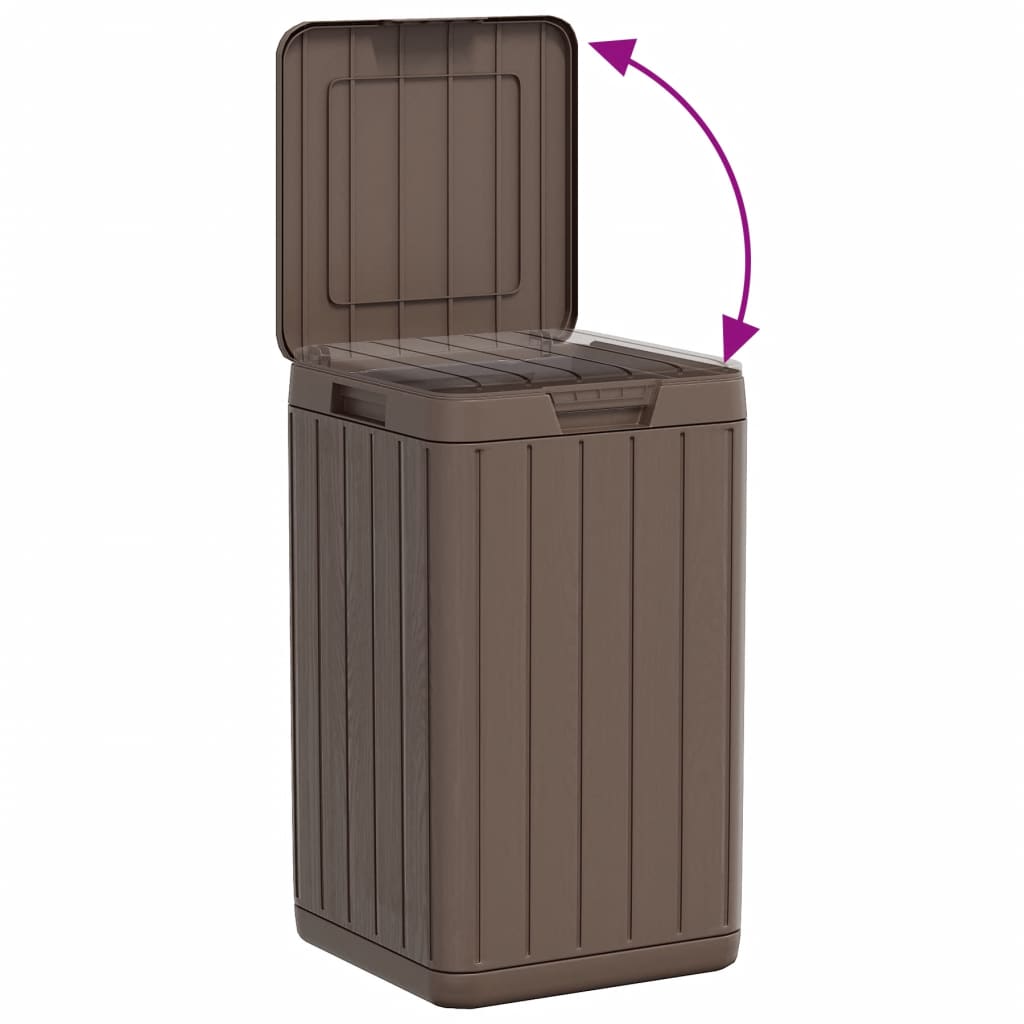 Brown Bostome outdoor garbage bin, 21.1 gal PP with open lid and wood-like texture.
