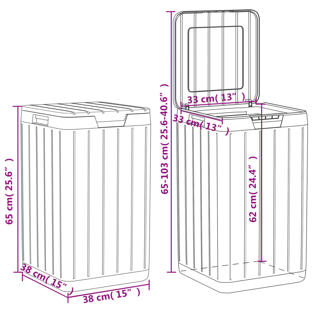 Brown Bostome outdoor garbage bin, 21.1 gal PP, 25.6" tall with dimensions shown.