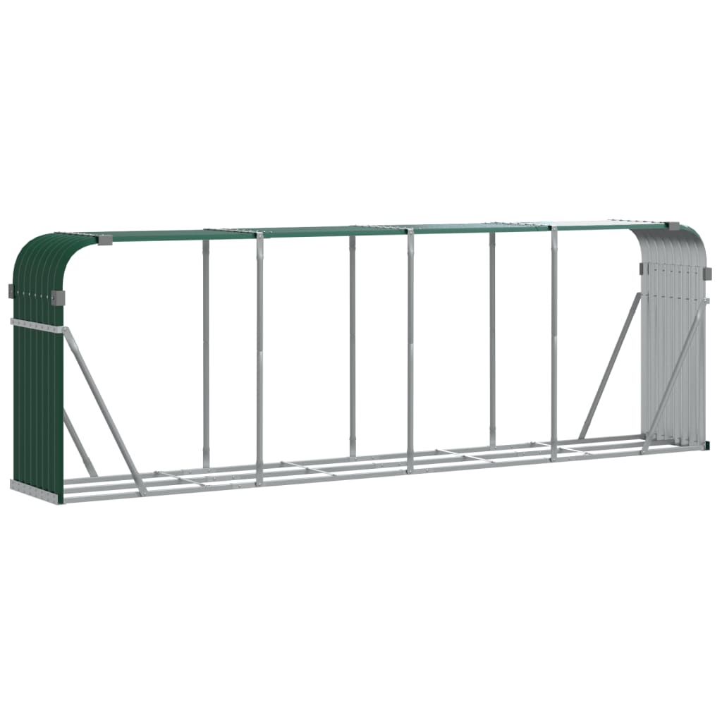Green galvanized steel log holder, 118.1x17.7x39.4 inches, with open frame design.