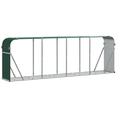 Green galvanized steel log holder, 118.1x17.7x39.4 inches, with open frame design.